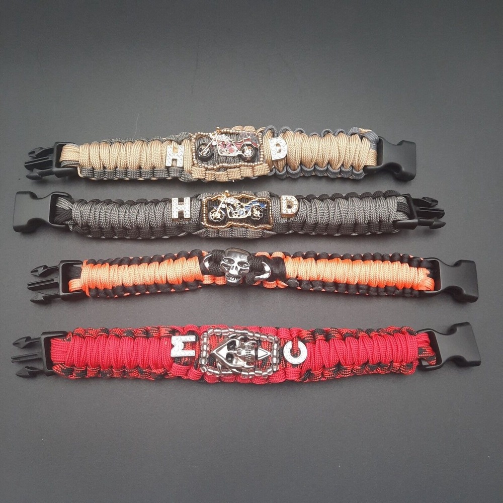 Paracord Motorcycle Themed Bracelets W/Plastic Buckle & Metal Charm Orange & Bla